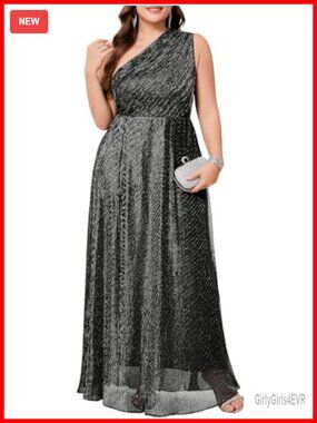 Plus Size One-Shoulder Maxi Dress Sparkly Sleeveless A-Line Prom Evening Gown